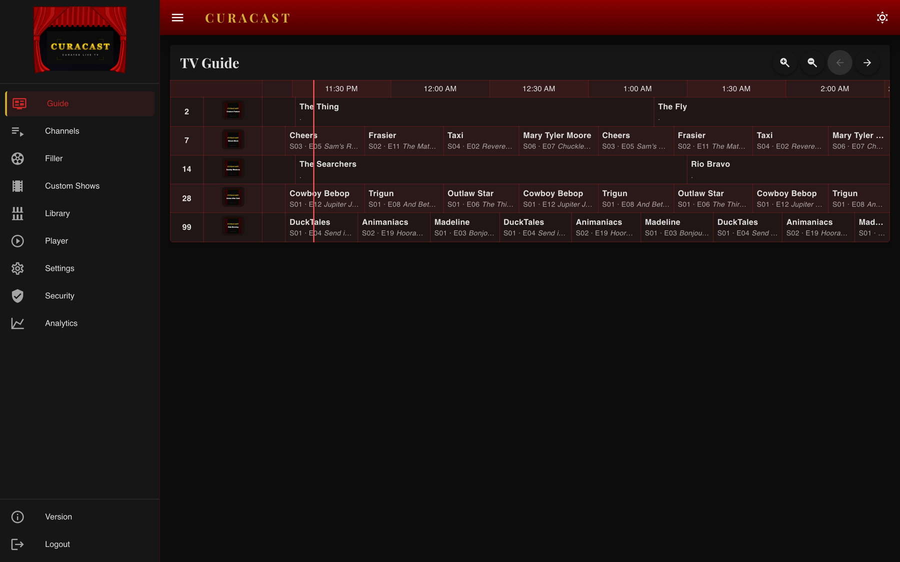 The Curacast program guide showing five channels with scheduled films and episodes